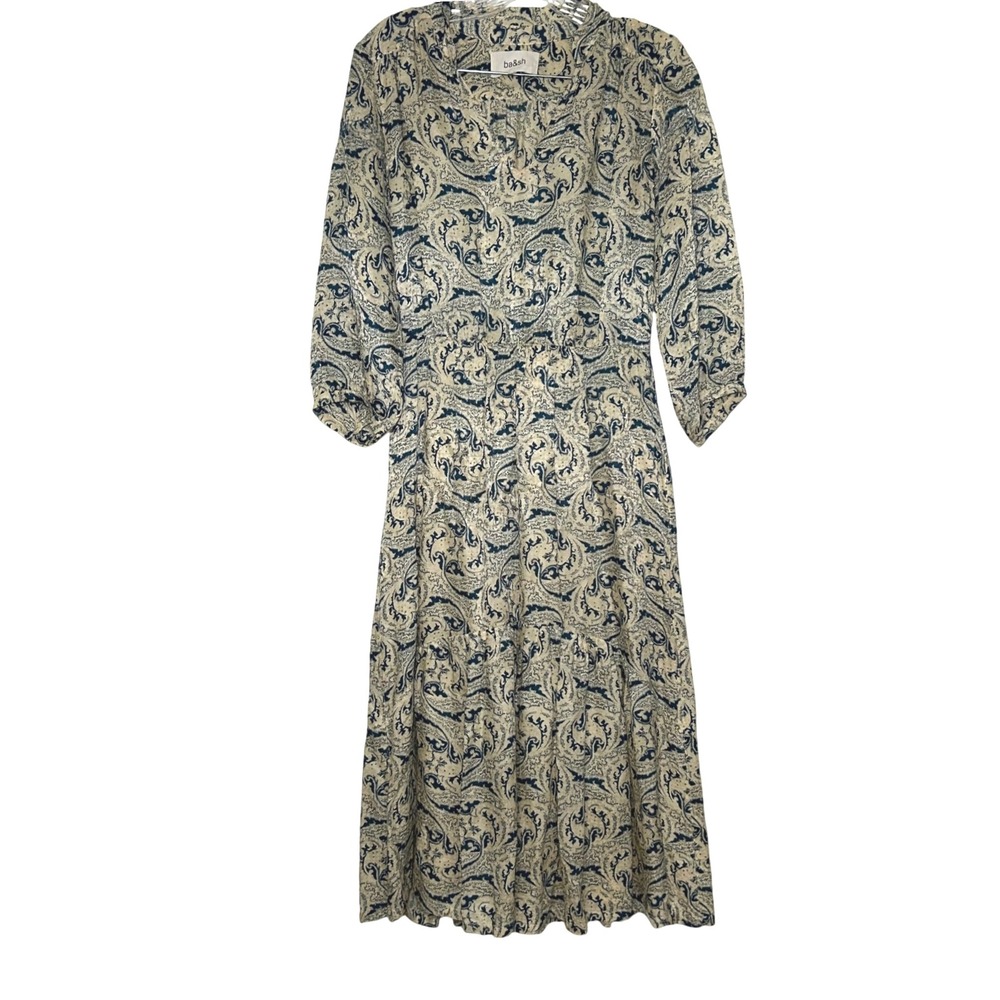 ba&sh Paisley Print Midi Dress Blue Beige Boho Bohemian Size Small abstract bold